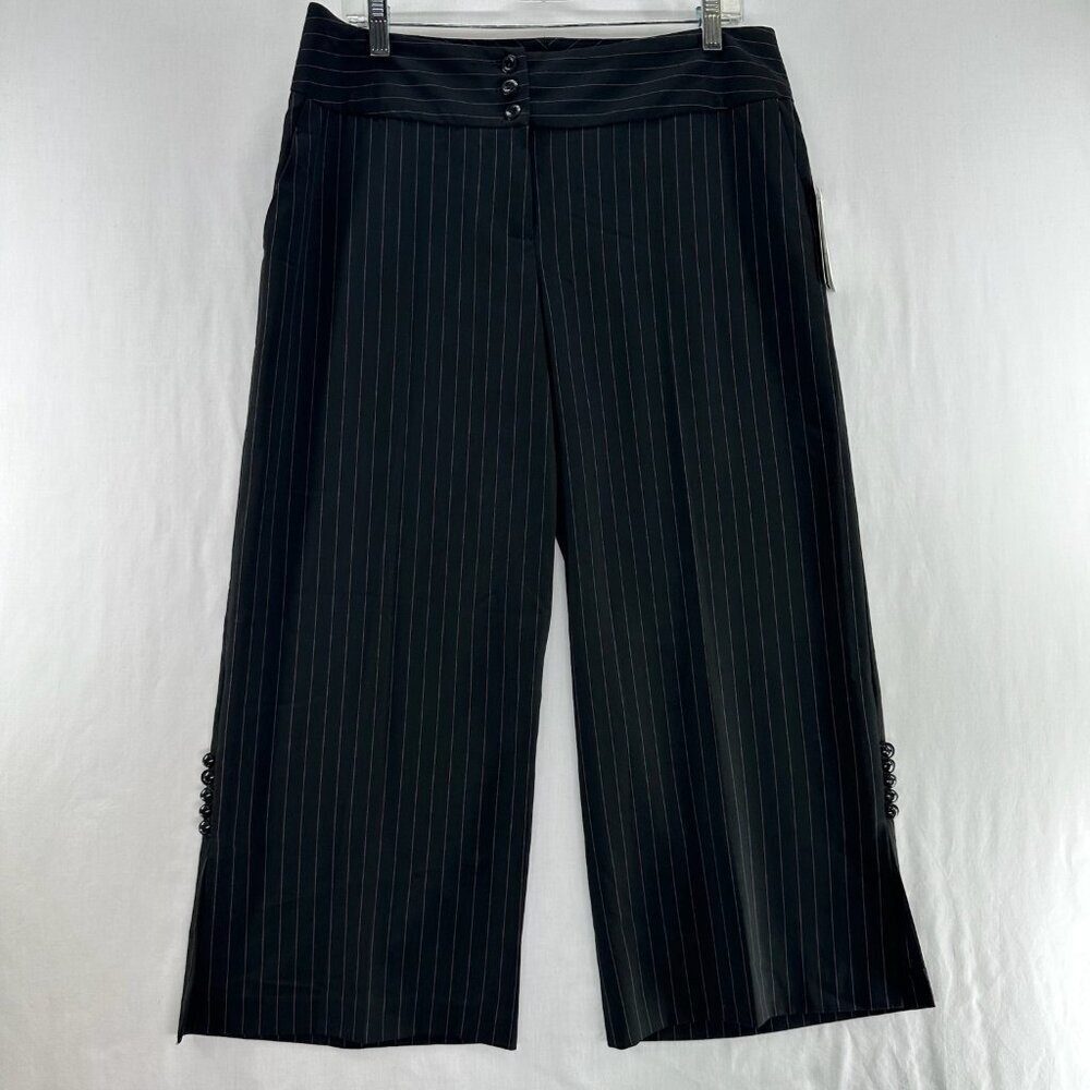 A Byer Wide-Leg Crop Pants Women 13 Button Detail Slit Hem Pinstripe Black